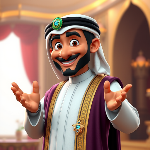 Create a 3D rendering of a wealthy Arab male sheikh from Dubai, inspired by the Disney animation style. The sheikh must have a smile and a playful but wise character. Place your character in an atmosphere of wealth and luxury. The image must be in high resolution format. Dynamic pose above the waist, gesturing with hands (Pixar Art style)++ highly detailed digital painting, art stations, concept art, soft focus, hard focus, illustrations. cinematic, visual effects, HDR, Unreal Engine 5, ray tracing, soft light, 8k, high detail, sparkling backlighting, luxury gem, game art, 3d, cartoon, colorful, magical, mysterious