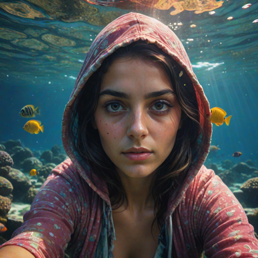 Realistic selfie image of a Romani, wearing a vintage outfit, detailed dreamy eyes, droopy hooded eyes, staring at the camera, taken underwater at coral reef with a sunbeam filtering through the water, vibrant, summer vacation, natural lighting, turtle and school of tropical fish with vibrant colors, rendered in the style of CryEngine, Pegi Nicol MacLeod, with realistic genre scenes, hauntingly beautiful narratives, ultra-realism, and Thomas Saliot's close-up technique, 8K resolution, crystal clear and sparkling water.