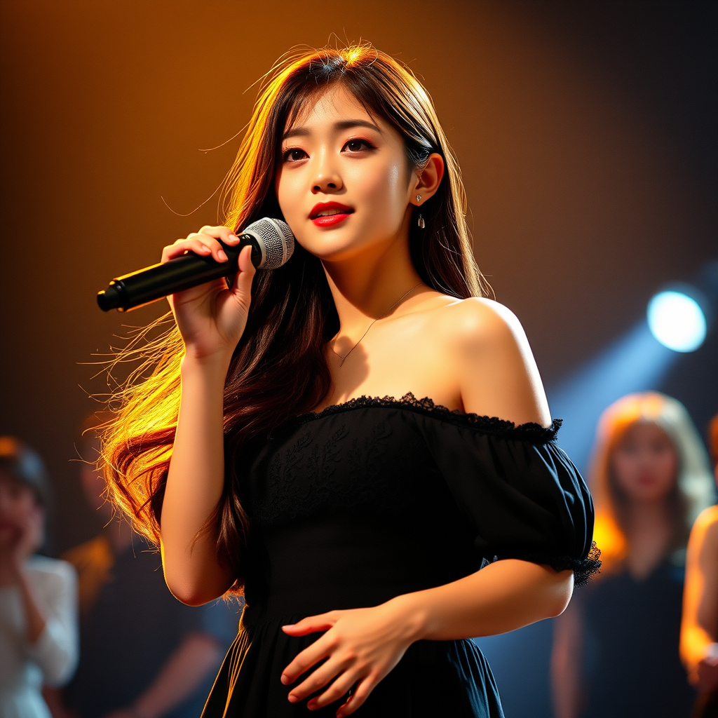 A young korean woman with long, flowing brown hair is standing in the center of the frame, holding a microphone in her right hand, and looking slightly off to the right side of the frame. She is wearing a black, off-the-shoulder dress with delicate lace detailing. The lighting is warm and dramatic, creating a spotlight effect on the singer. There are other figures in the background, blurred and out of focus, suggesting a concert or performance setting. The camera angle is low, capturing the woman from the waist up. The overall atmosphere is intimate and captivating.