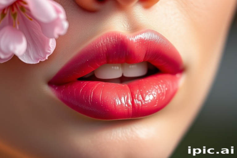 Stunning cherry blossom lips with delicate pink hues and subtle shimmer, featuring petal-like texture and a glossy finish that catches the light beautifully