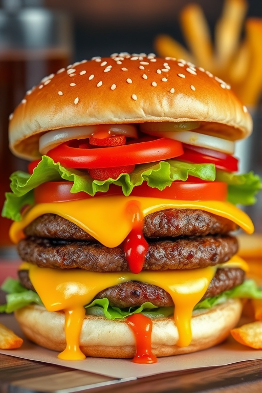 High-resolution, close-up image of a gourmet double cheeseburger. The burger features a glossy, sesame-seed-topped brioche bun. Inside, there are two thick, juicy beef patties, each topped with melted cheddar cheese. The burger is garnished with fresh lettuce, tomato slices, diced onions, and pickles. A generous amount of ketchup and a creamy, orange-colored sauce is dripping down the sides, adding to the mouth-watering appeal. In the background, there are blurred elements including a side of golden French fries and a hint of a beverage, enhancing the overall presentation of a delicious meal.