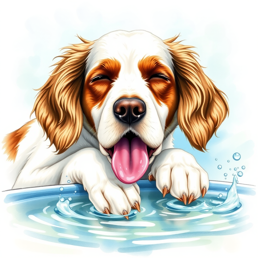 Watercolor ink illustration, A digitally created artwork of a Cocker Spaniel dog leaning on a water fountain, eyes closed, tongue out as if lapping water. The white dog has brown and cream patches, especially on its ears and face. Water splashes around it with detailed droplets. The background features a soft blue-green gradient, suggesting a sunny day. The style is realistic, focusing on the texture of fur and water for a lifelike, vibrant feel.