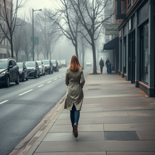 Quiet urban street on a misty morning, a woman in a trench coat walks quickly down the sidewalk, the light fog blurring the outlines of parked cars and storefronts.