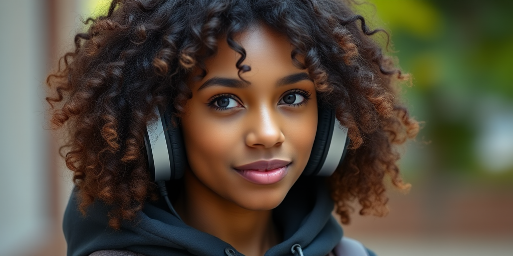 Regenerate an image of a young woman with curly hair wearing oversized headphones and a hoodie, captured in high resolution with a Canon EOS R5, 85mm lens, f/1.8 aperture, natural lighting, and a soft focus background.