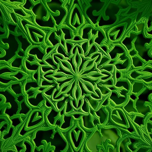 Create a high-resolution image of intricate green patterns with interwoven designs and lace-like textures, captured using a DSLR camera, 50mm lens, aperture f/2.8, ISO 100, shutter speed 1/125s, in natural daylight for enhanced clarity and detail.