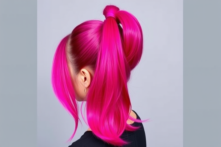 Vibrant magenta hair styled in a sleek, high ponytail with ultra-long extensions showcases the bold "Fuchsia Fantasia" look, featuring a gradual ombre effect that transitions to electric purple at the ends, creating a striking and eye-catching style that exudes confidence and creativity