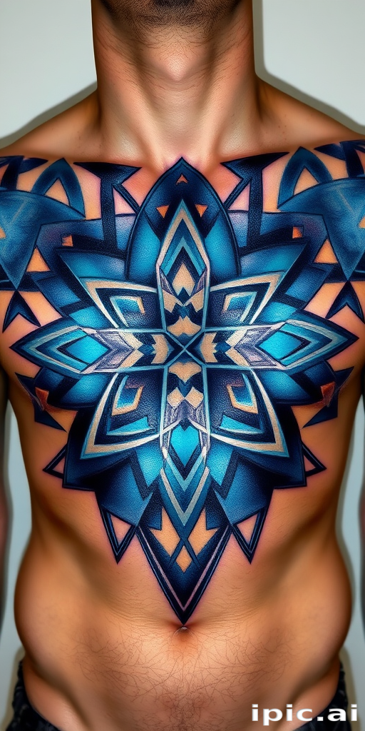 Mesmerizing geometric tattoo covering the chest and shoulders composed of interlocking shapes in shades of electric blue and metallic silver creating an optical illusion effect with precise symmetry