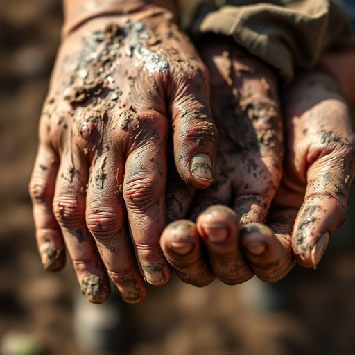 A close-up shot of two hands covered in dirt and grime, focus on texture and detail, natural lighting, aperture f/2.8, shutter speed 1/200s, ISO 100, macro lens, DSLR camera, shallow depth of field.