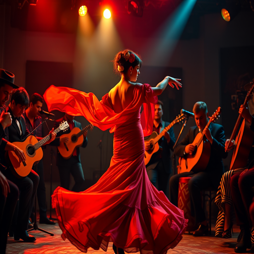 Generate a vibrant scene of a flamenco dancer in a flowing red dress surrounded by musicians playing guitars and percussion instruments, with dramatic lighting and expressive movement, captured with a Canon EOS R5 at f/2.8, 1/250s, ISO 200, wide-angle lens, in low light to enhance colors and textures.