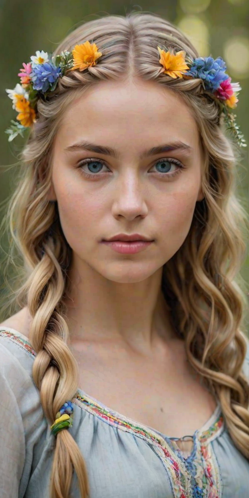 Create an image of a young Mestizo woman with long, wavy blonde hair, adorned with small, colorful flowers woven into her braids and loose strands. Her complexion is fair, with soft, glowing skin, and she has light blue eyes that gaze softly at the viewer. She wears a light, flowing dress with a gentle, ethereal quality, complementing her delicate and serene appearance. The background is slightly blurred, drawing focus to her tranquil expression and the intricate details of the flowers in her hair. The overall mood of the image is one of natural beauty and grace, evoking a sense of peacefulness and connection with nature.