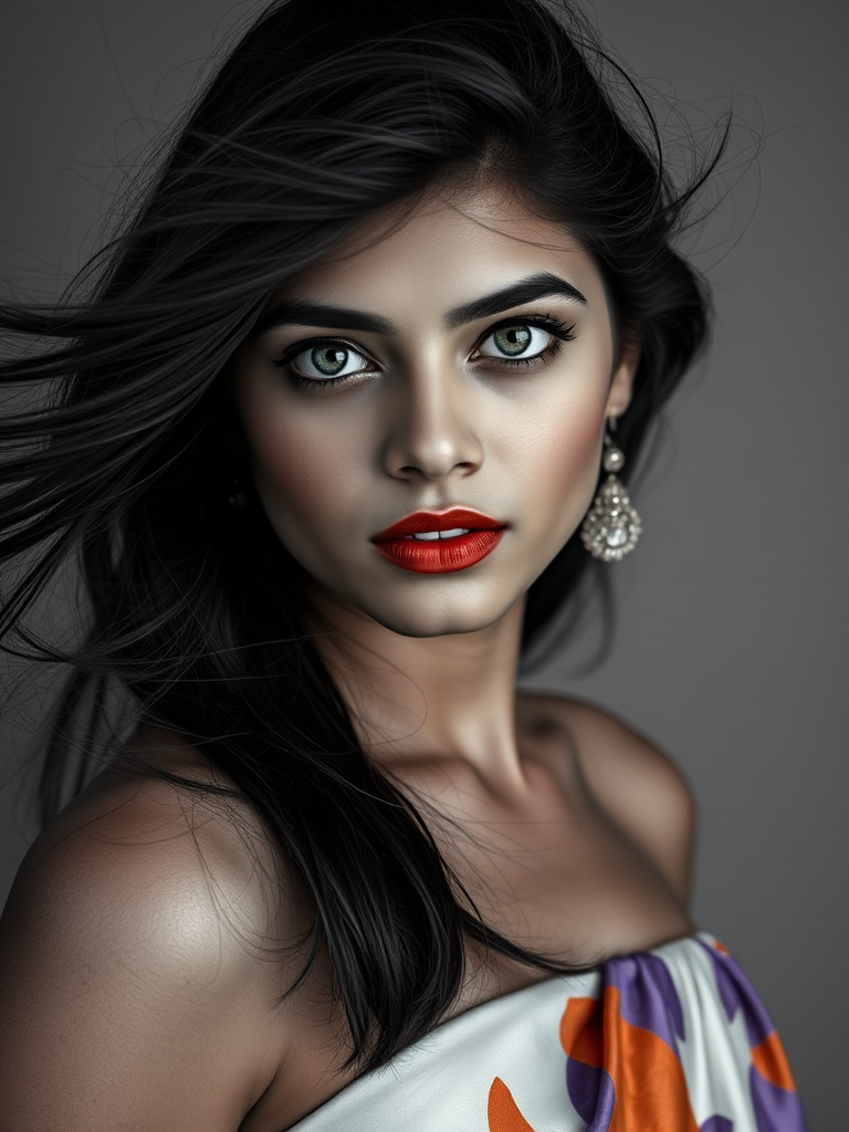 Photographic image of a beautiful young Indian woman, white eyes, lips with brown lipstick, long hair fluttering in the wind and wearing a silk strapless dress with a soft purple and orange print. monochrome image with only color highlights in the iris of the eyes, lipstick and dress. Gray background.