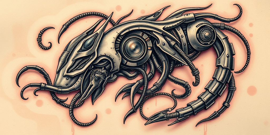 Biomechanical tattoo titled "Cyborg Evolution" merging organic forms with mechanical elements to create a futuristic hybrid aesthetic with metallic highlights and exposed inner workings