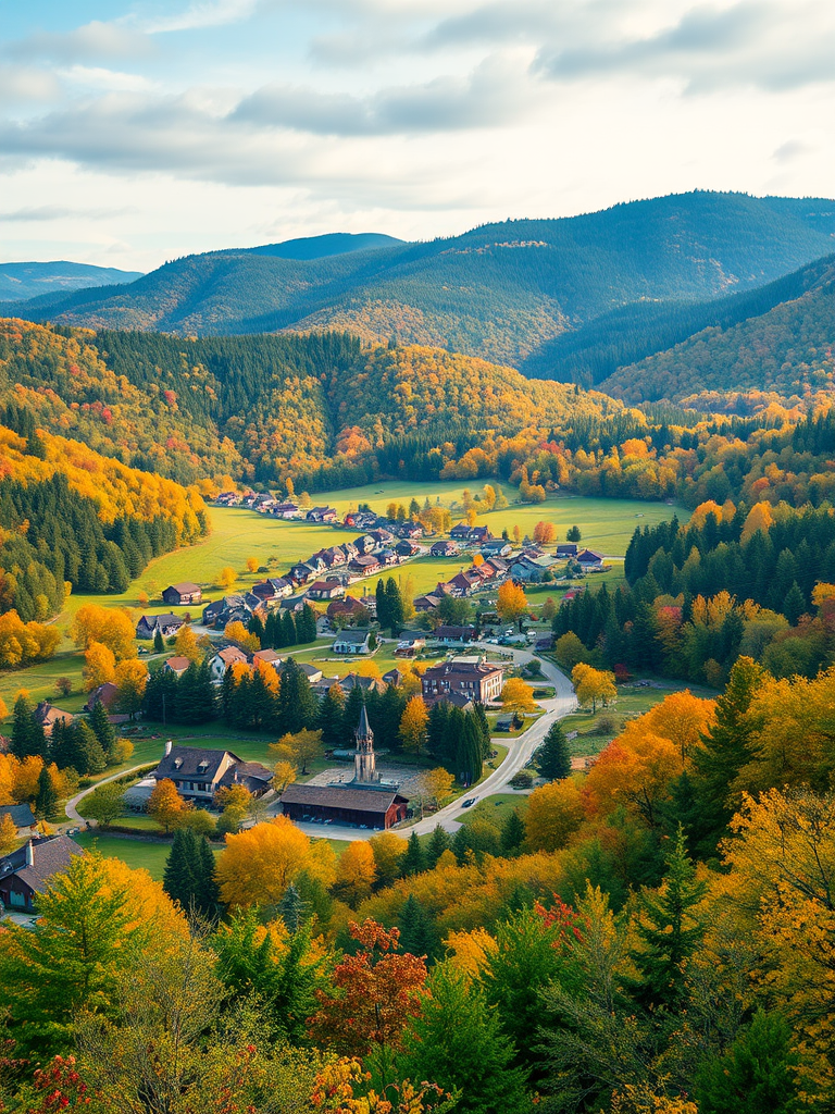 Generate a vibrant landscape of a rural village surrounded by lush green hills and forests during autumn, captured with a DSLR camera using a 24mm lens at f/8, ISO 100, and a shutter speed of 1/200s for a sharp, high-quality image, with a wide-angle perspective.