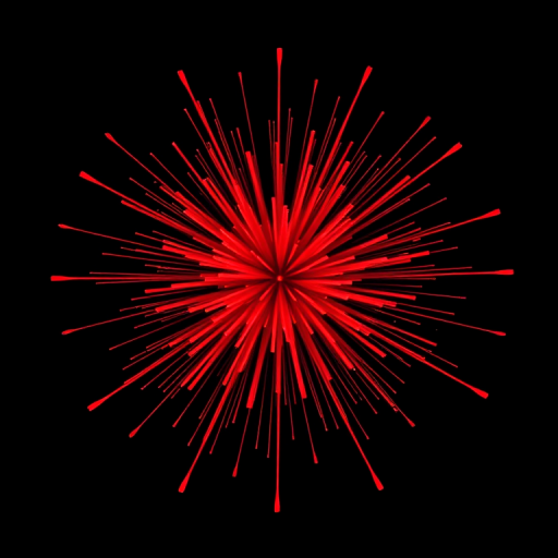 Create a vibrant red starburst explosion on a black background, capturing intricate details with a DSLR camera at ISO 100, f/8 aperture, 1/200 sec shutter speed, 50mm lens, focused on the center to enhance sharpness and color contrast.