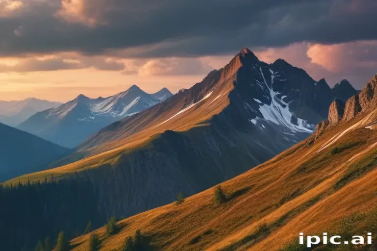 Majestic Mountain Range Bathed in Golden Sunset Light and Shadows.