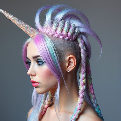 Avant-garde portrait showcases Holographic Unicorn hair, iridescent pastel hues shifting colors in the light, styled in an elaborate braided mohawk with glitter accents