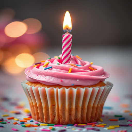 A beautifully decorated birthday cupcake with pink and purple frosting, a lit candle on top, colorful sprinkles and confetti scattered around, shot with a DSLR camera at f/2.8, ISO 100, 50mm lens, soft focus background for depth, and warm lighting to enhance colors.