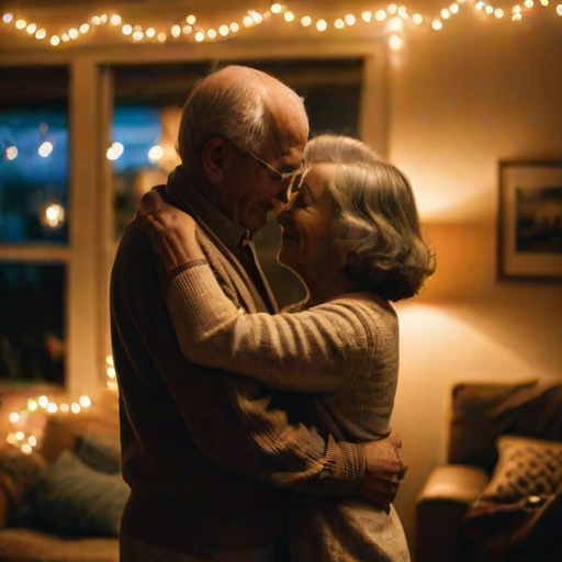 Low-light, intimate photo of an elderly couple dancing in their living room, soft jazz playing in the background, fairy lights strung along the ceiling, the woman resting her head on her partner's shoulder, soft shadows from a nearby lamp casting a warm glow.