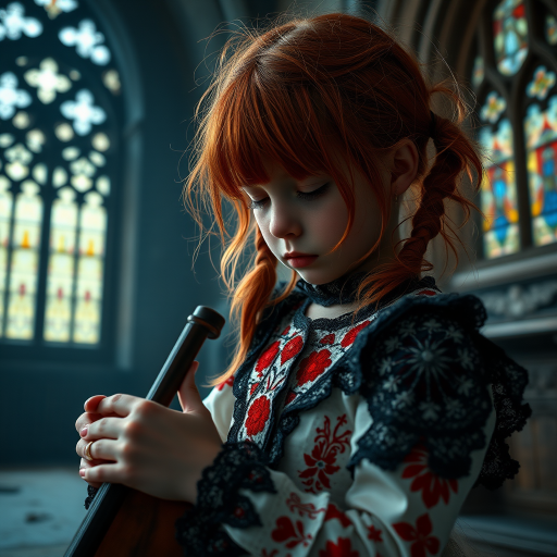 Close up realistic photo of a sad gothic little girl playing (instrument), red hair messy pigtails, black lace white dress with red detailed embroidery, abandoned gothic room with stained glass, closed eyes, horror cinematic lighting, dark fantasy, 4k, hdr,  uhd, detailed dress