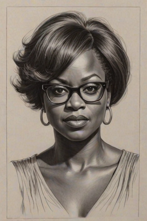 Enticing Viola Davis, pencil sketch, portrait of Superb woman 1971s in glasses, hair style beatnik, outline, clear lines, fine lines, 8k