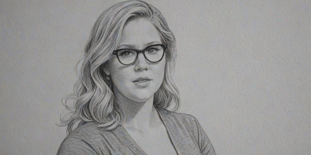 Captivating Amy Schumer, pencil sketch, portrait of Dazzling woman 1935s in glasses, hair style beatnik, outline, clear lines, fine lines, 8k