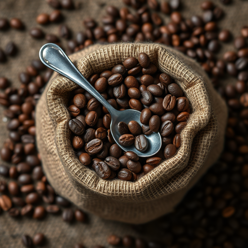 Create a hyper-realistic image of a burlap sack filled with coffee beans, with a silver spoon resting on top, using a Canon EOS R5, 50mm lens, aperture f/1.8, ISO 100, natural light, top-down view, and high dynamic range for enhanced detail and texture.