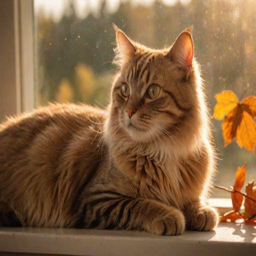 Softly focused image of a cat lounging on a windowsill, soft golden light from the setting sun illuminating its fur, with a vibrant autumn landscape visible through the glass, leaves gently falling in the background.