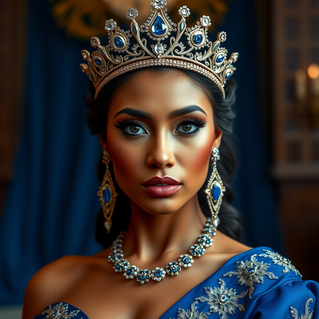 A gorgeous Maori woman in a luxurious blue gown, accessorized with a dazzling tiara and statement earrings, her deep black eyes highlighted by impeccable makeup, poised in a royal setting, photorealistic, 8K quality