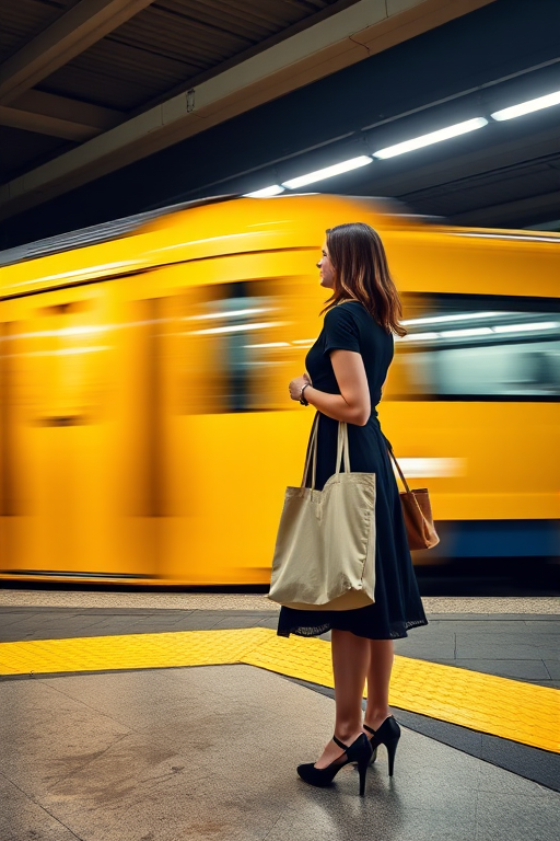 A woman in a black dress holding a tote bag stands on a platform as a yellow train speeds by, captured with a DSLR camera, aperture f/4, shutter speed 1/60s, ISO 200, wide-angle lens, shot from a low angle for perspective and dynamic motion effect.