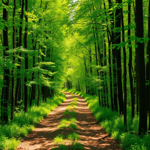 regenerate a vibrant forest path with lush green trees on either side, soft natural lighting, 50mm lens, f/2.8 aperture, ISO 100, slightly elevated viewpoint, DSLR camera, enhance sharpness and color saturation