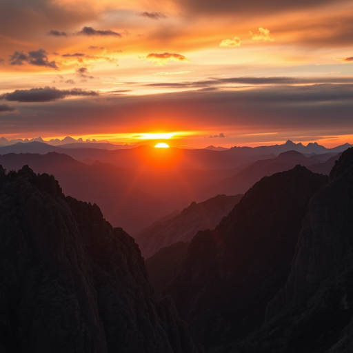 Capture a dramatic sunset over rugged mountains with warm golden lighting, f/8 aperture, ISO 100, 1/200 sec shutter speed, wide-angle lens, and taken with a DSLR camera at eye level for a clear, detailed landscape shot.