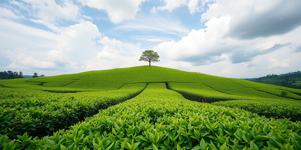 Generate a lush green tea plantation landscape under a partly cloudy sky with a single tree on a hilltop, captured with a Canon EOS R5 camera, 24mm lens, aperture f/8, ISO 100, and a low-angle wide shot to enhance depth and clarity.