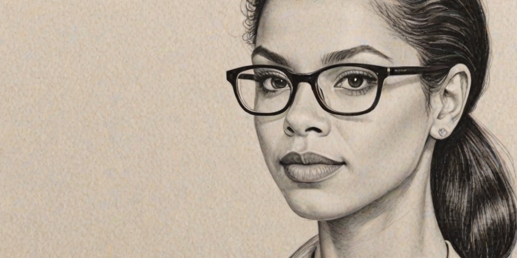 Appealing Susan Kelechi Watson, pencil sketch, portrait of Graceful woman 1937s in glasses, hair style beatnik, outline, clear lines, fine lines, 8k