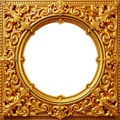 Create a highly detailed ornate golden frame with intricate patterns and textures, centered in the image, using a DSLR camera with a 50mm lens at f/1.8, ISO 100, 1/125 sec exposure, taken from a frontal view with soft natural lighting to enhance the brilliance of the gold.