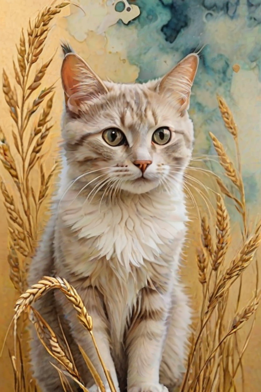 Soft, muted Alcohol Ink with ebru effect background image of tiny whimsical cat, who climbed high on the top of a golden rye ear.