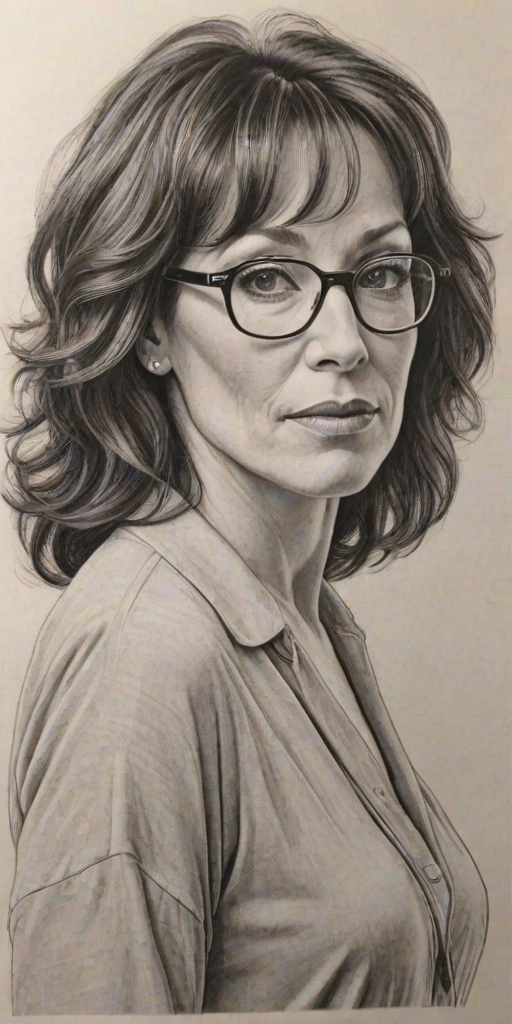 Ravishing Katey Sagal, pencil sketch, portrait of Superb woman 1923s in glasses, hair style beatnik, outline, clear lines, fine lines, 8k