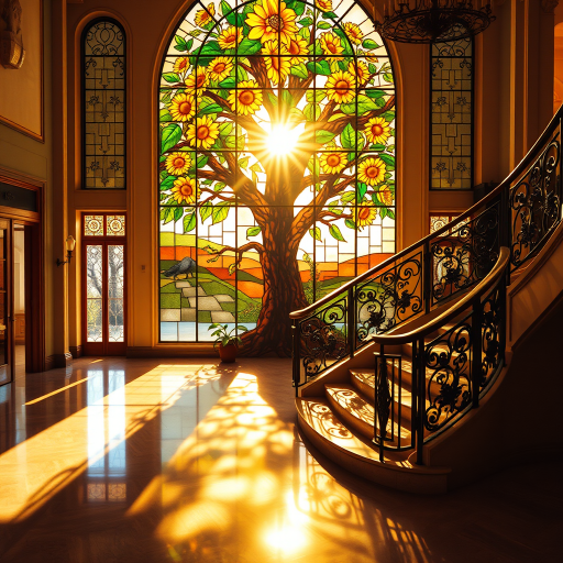 A stained glass window featuring a large, vibrant tree with blooming sunflowers as its focal point. The sunlight passes through the glass, casting multicolored shadows across the floor and a grand, curved staircase with ornate iron railings. The overall ambiance is warm, with golden sunlight enhancing the vivid colors of the stained glass, creating a serene and artistic atmosphere in a spacious room with polished marble floors. The scene is elegant and peaceful, with a blend of nature and architectural beauty.