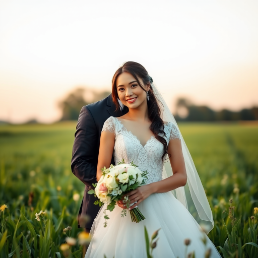 Regenerate a romantic wedding couple portrait in a lush green field during golden hour, use a Canon EOS R5 with a 50mm f/1.2 lens, aperture set to f/1.8, ISO at 100, shutter speed 1/160 sec, shot in portrait orientation with natural light to enhance the softness and clarity of the image.