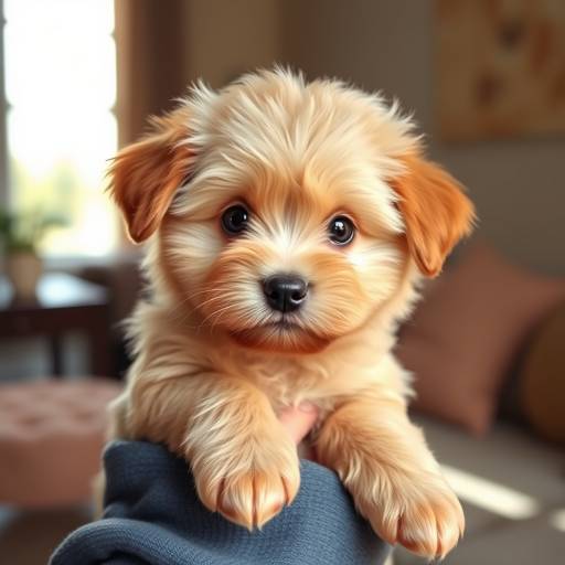 Generate an image of a fluffy light brown puppy being held by a person with a cozy indoor background featuring sunlight and soft textures the puppy has a cute expression with big eyes and a small nose