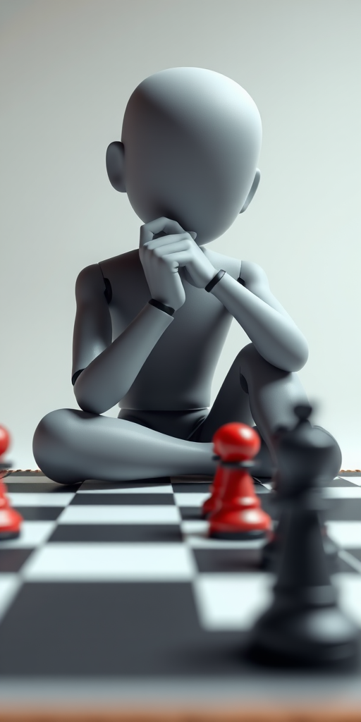 Create an image of a 3D humanoid figure sitting in a thinking pose while contemplating a chessboard with black and red pieces, captured with a 50mm lens at f/1.8, ISO 100, 1/125s, from a low angle to emphasize the figure, using soft lighting for a clean and modern aesthetic.