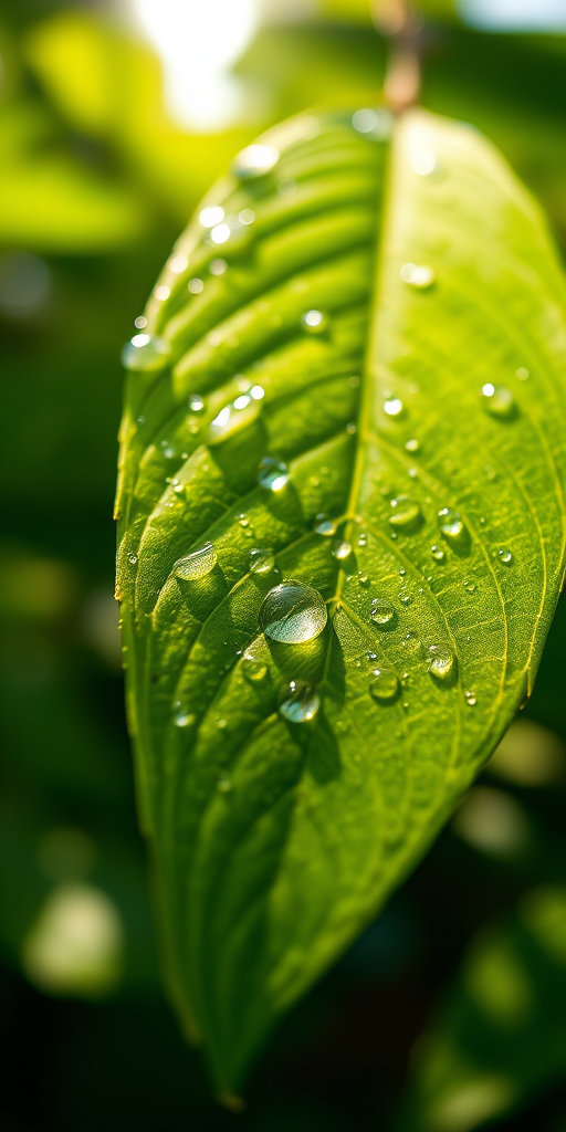 close-up of a green leaf with water droplets, shallow depth of field, soft natural lighting, 50mm lens, f/2.8, ISO 100, sunlight filtering through foliage, DSLR camera