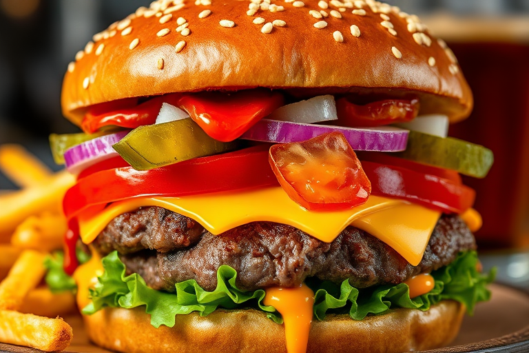 High-resolution, close-up image of a gourmet double cheeseburger. The burger features a glossy, sesame-seed-topped brioche bun. Inside, there are two thick, juicy beef patties, each topped with melted cheddar cheese. The burger is garnished with fresh lettuce, tomato slices, diced onions, and pickles. A generous amount of ketchup and a creamy, orange-colored sauce is dripping down the sides, adding to the mouth-watering appeal. In the background, there are blurred elements including a side of golden French fries and a hint of a beverage, enhancing the overall presentation of a delicious meal.