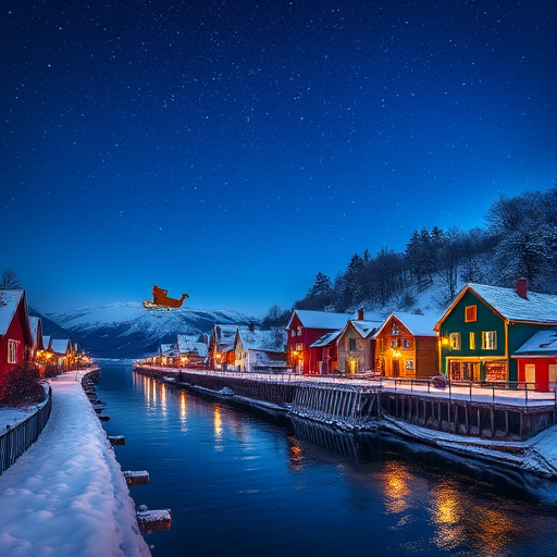 A picturesque winter scene with colorful houses along a quiet river under a starry sky, featuring Santa's sleigh in the background, shot with a DSLR camera at f/2.8, ISO 100, shutter speed 1/60s, using a wide-angle lens from a low-angle view for enhanced depth and clarity.