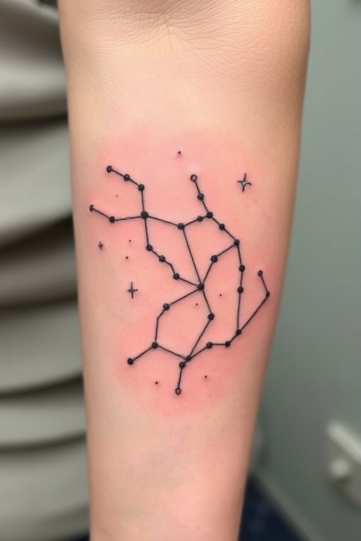 Stick and poke tattoo featuring a constellation map with delicate dot work and minimalist line art, creating a celestial scene on the skin, named "Starry Cartography"