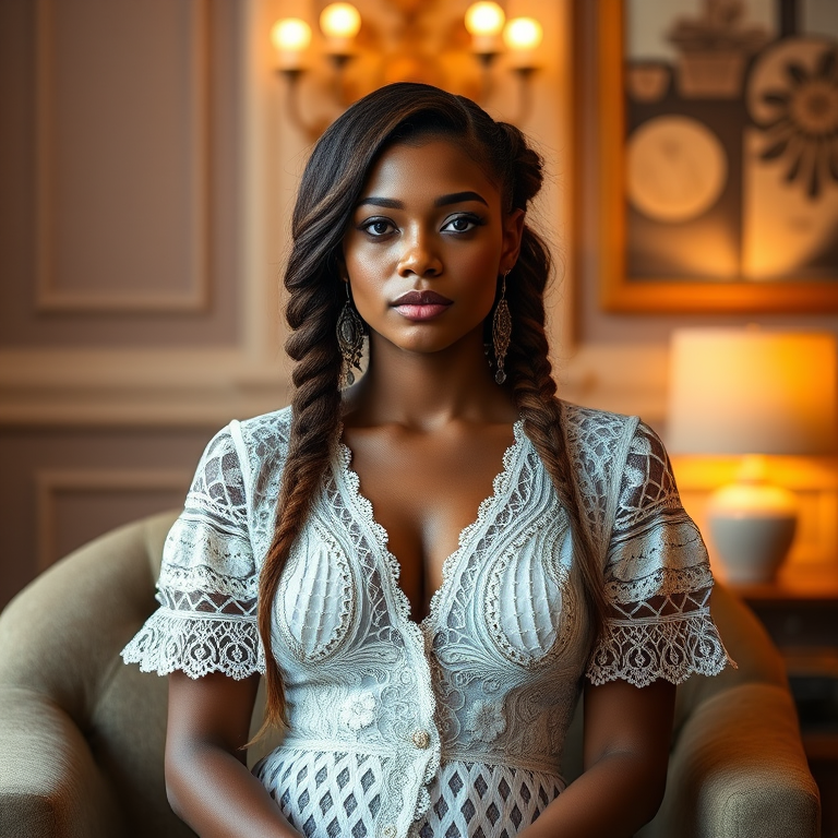 Create a portrait of a refined and elegant Torres Strait Islander woman seated in a sophisticated setting. She has long, wavy hair styled in two thick braids that are pulled over her shoulders. She wears a white, lace gown with intricate patterns, featuring a deep V-neckline and short sleeves. The dress exudes a vintage charm with its delicate lacework. She is adorned with ornate, dangling earrings that add a touch of glamour to her appearance. The background is softly lit, with warm, ambient lighting that creates a cozy and inviting atmosphere. Her expression is poised and serene, capturing a sense of grace and elegance.