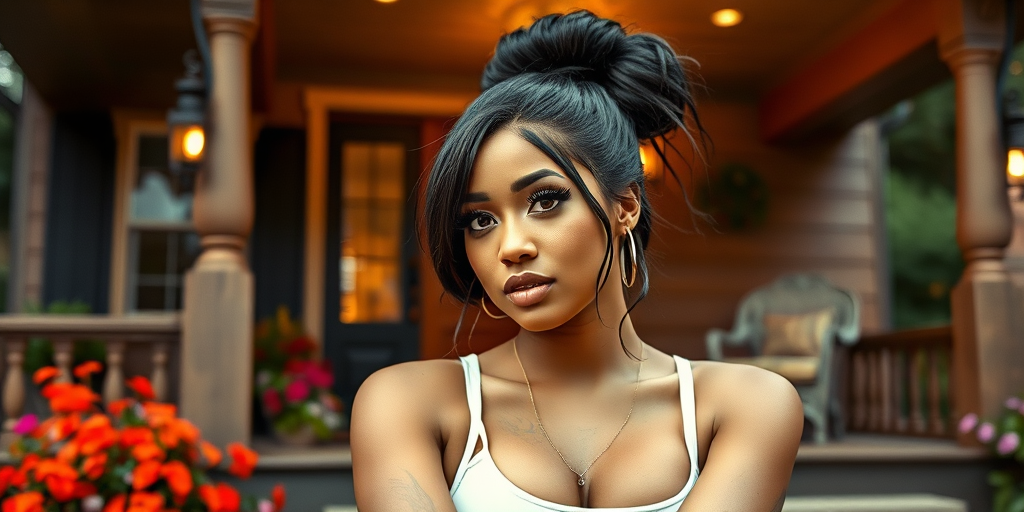 A photo of Nicki Minaj with a background of a cozy porch. She has dark hair pulled back in an updo, with tendrils framing her face. She wears a white tank top and sits on the porch. The porch is part of a well-lit home with a warm, earthy tone and colorful flowers and foliage. The overall scene has a warm, welcoming, and comfortable ambiance.