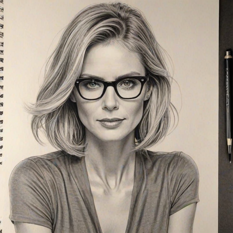 Ravishing Heidi Klum, pencil sketch, portrait of Exquisite woman 1932s in glasses, hair style beatnik, outline, clear lines, fine lines, 8k