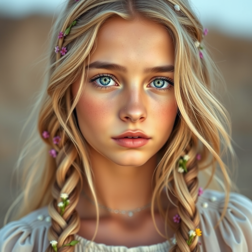 Create an image of a young Sahrawi woman with long, wavy blonde hair, adorned with small, colorful flowers woven into her braids and loose strands. Her complexion is fair, with soft, glowing skin, and she has light blue eyes that gaze softly at the viewer. She wears a light, flowing dress with a gentle, ethereal quality, complementing her delicate and serene appearance. The background is slightly blurred, drawing focus to her tranquil expression and the intricate details of the flowers in her hair. The overall mood of the image is one of natural beauty and grace, evoking a sense of peacefulness and connection with nature.