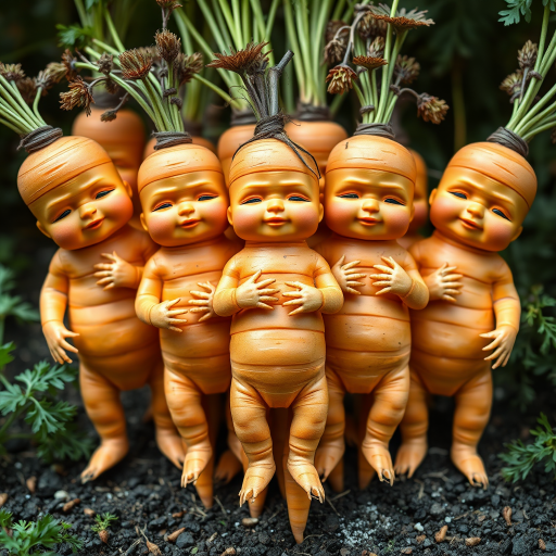 A bunch of carrots in the form of anthropomorphic babies.