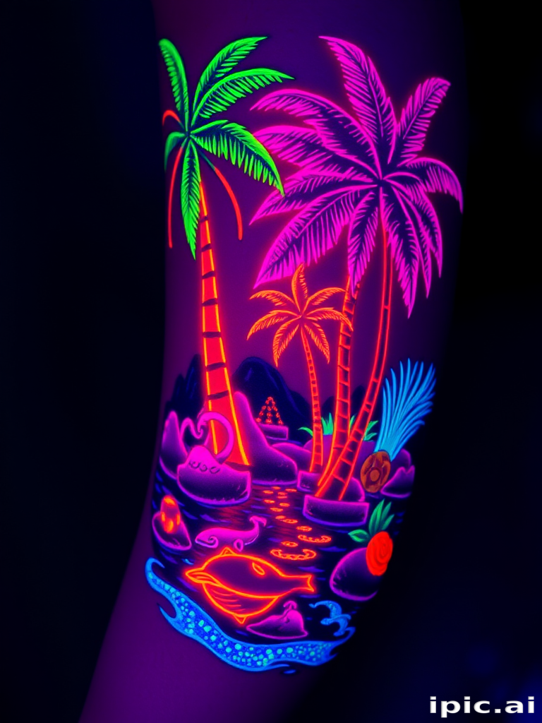 Neon blacklight tattoo called "Electric Oasis" depicting a vibrant tropical scene with glowing palm trees, bioluminescent creatures, and shimmering water, designed to come alive under UV light while remaining subtle in normal lighting conditions